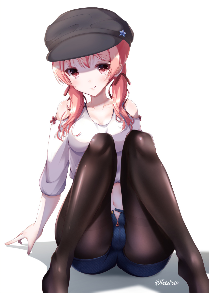 .live 1girl absurdres bangs black_headwear black_legwear black_ribbon blue_shorts cabbie_hat closed_mouth clothing_cutout commentary_request eyebrows_visible_through_hair hair_ribbon hat highres kitakami_futaba legs legwear_under_shorts long_sleeves looking_at_viewer low_twintails medium_hair midriff open_fly pantyhose pink_eyes pink_hair ribbon shadow shirt short_shorts shorts shoulder_cutout simple_background sitting smile solo tetori_(tetolisto) twintails twitter_username virtual_youtuber white_background white_shirt