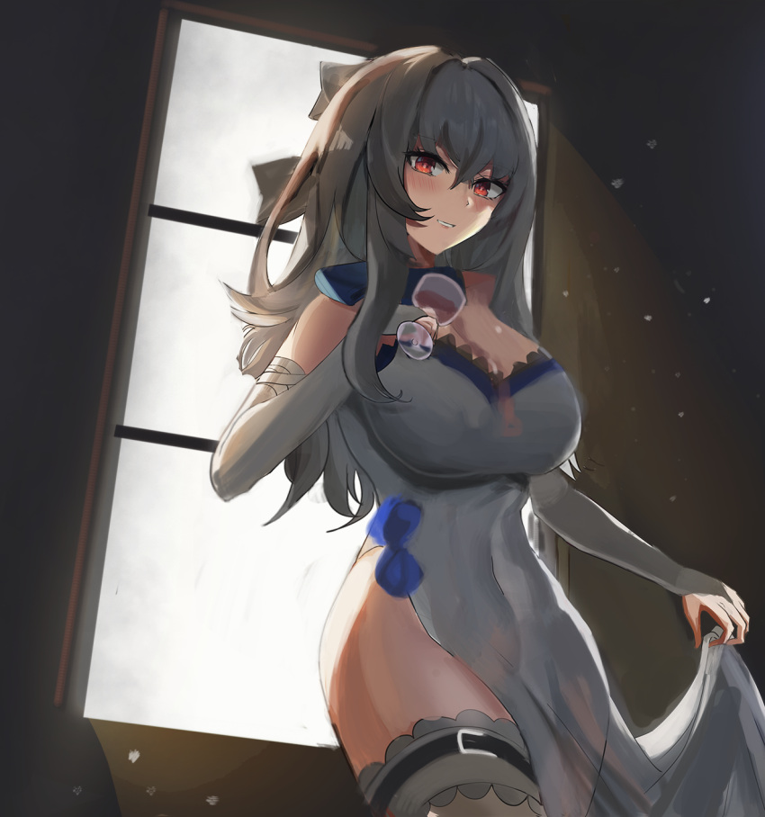 1girl azur_lane blush breasts cup dress dress_lift drinking_glass elbow_gloves eyebrows_visible_through_hair glass gloves grey_hair highres holding holding_cup long_hair looking_at_viewer manu_(pixiv41646715) red_eyes saint-louis_(azur_lane) saint-louis_(brilliant_paladin)_(azur_lane) simple_background smile solo standing thigh-highs thighs white_dress white_gloves white_legwear window wine_glass