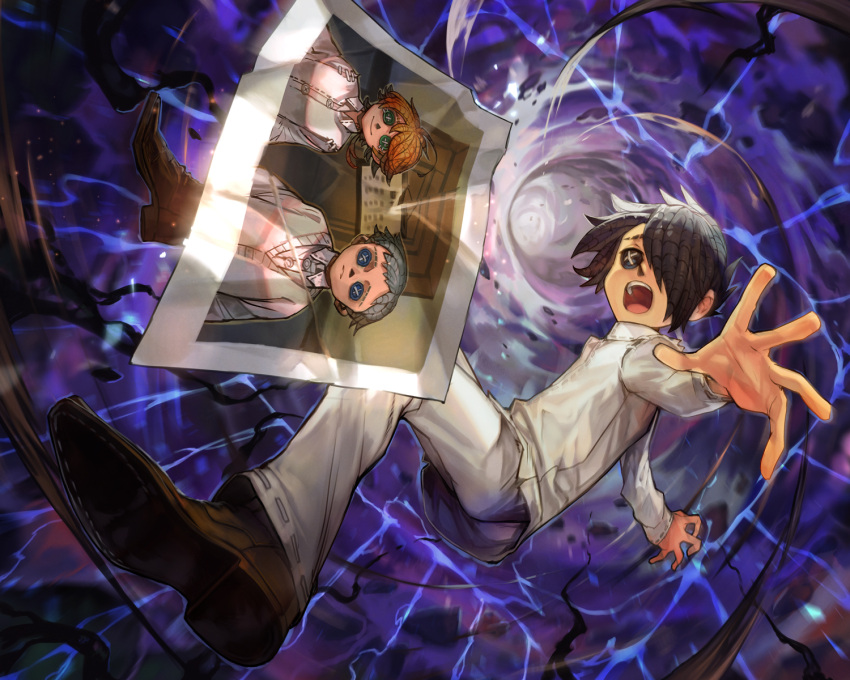 1girl 2boys abstract_background ahoge black_eyes black_hair blue_background blue_eyes boots brown_footwear button_eyes buttons commentary door emma_(yakusoku_no_neverland) full_body green_eyes hair_over_one_eye hankuri highres hankuri identity_v indoors long_sleeves multiple_boys norman_(yakusoku_no_neverland) official_art open_mouth orange_hair outstretched_arm pants photo_(object) ray_(yakusoku_no_neverland) reaching serious shirt short_hair sign smile stitches sweater sweater_vest upper_teeth upset white_hair white_pants white_shirt white_sweater wormhole yakusoku_no_neverland yarn