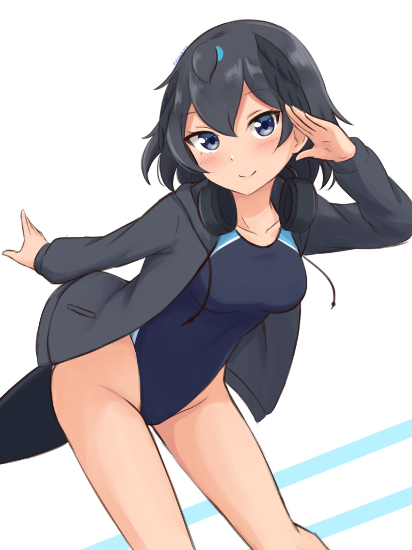 1girl absurdres bangs bare_legs black_hair black_hoodie blue_eyes blue_swimsuit blush breasts collarbone commentary competition_swimsuit drawstring greater_lophorina_(kemono_friends) hair_between_eyes head_wings headphones headphones_around_neck highleg highleg_swimsuit highres hood hood_down hoodie kemono_friends leaning_forward long_sleeves looking_at_viewer medium_breasts one-piece_swimsuit open_clothes open_hoodie salute shiraha_maru short_hair simple_background smile solo swimsuit tail white_background