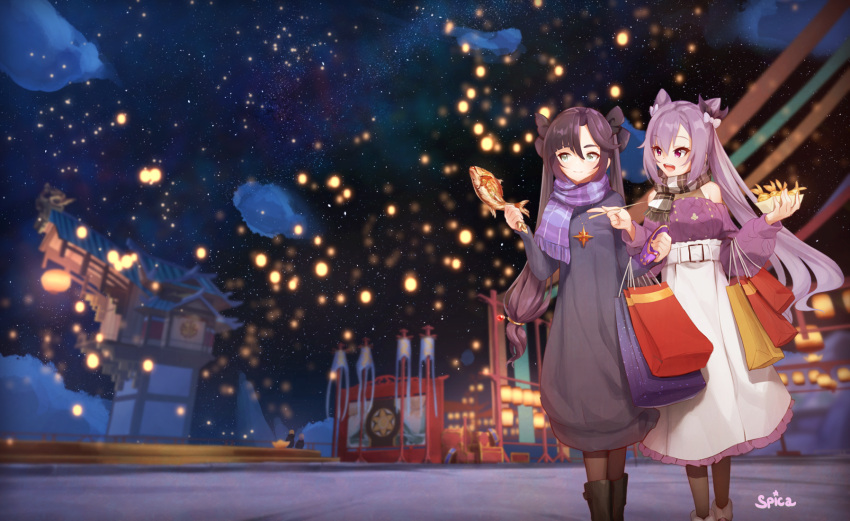 2girls aqua_eyes bag bare_shoulders boots bow building casual dress fish food genshin_impact glowing hair_bow highres holding holding_food keqing_(genshin_impact) lantern lantern_festival mona_(genshin_impact) multiple_girls night night_sky open_mouth outdoors pantyhose plaid plaid_skirt purple_hair purple_sweater scarf shopping_bag skirt sky smile spica_(starlitworks) star_(sky) starry_sky sweater twintails walking