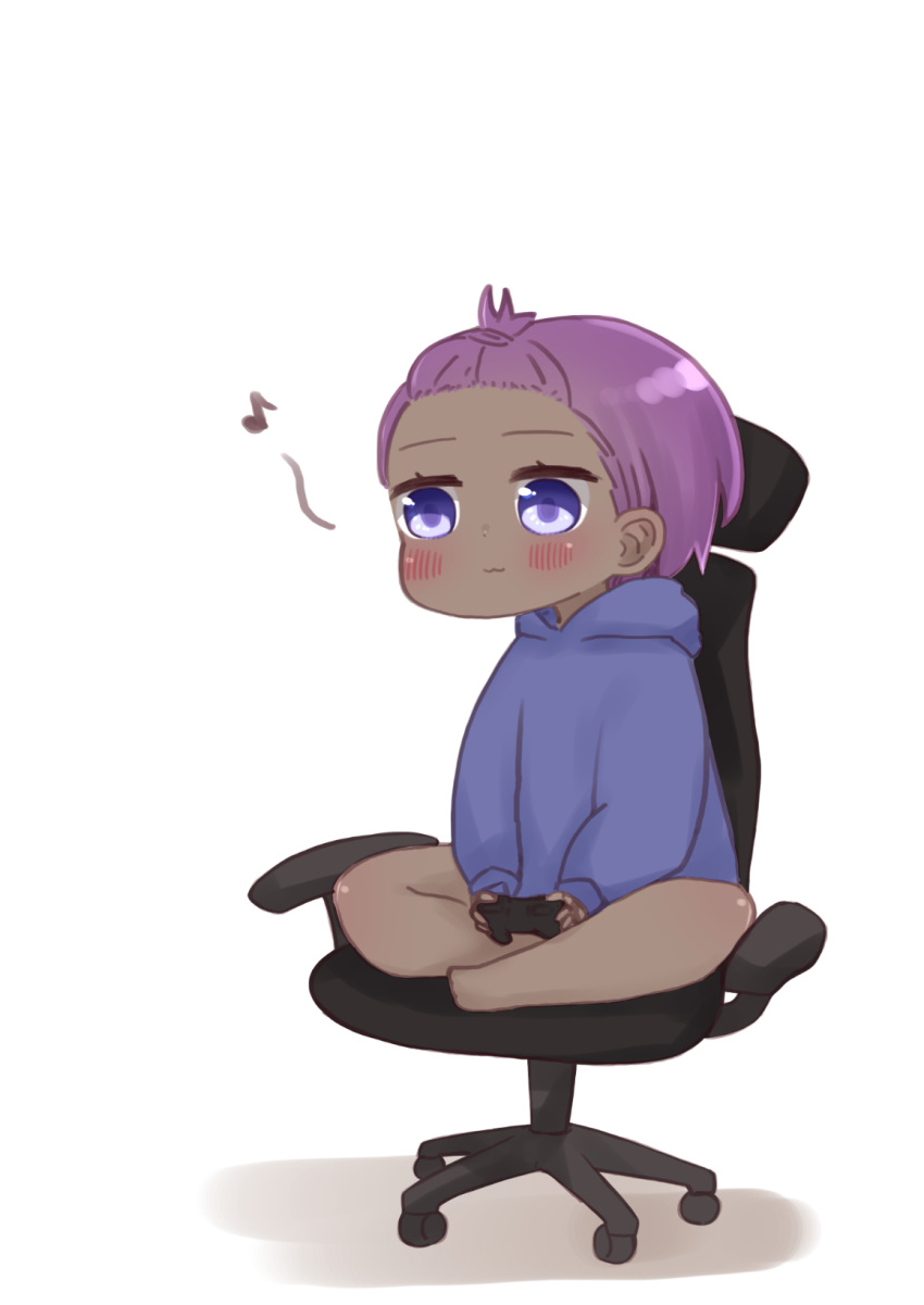 1girl :3 bangs_pinned_back bare_legs barefoot blue_hoodie blush chair chibi closed_mouth controller dark_skin dark-skinned_female eighth_note fate/prototype fate/prototype:_fragments_of_blue_and_silver fate_(series) forehead full_body game_controller hassan_of_serenity_(fate) highres holding hood hood_down hoodie i.u.y long_sleeves musical_note office_chair on_chair puffy_long_sleeves puffy_sleeves purple_hair shadow sitting sleeves_past_wrists solo violet_eyes white_background