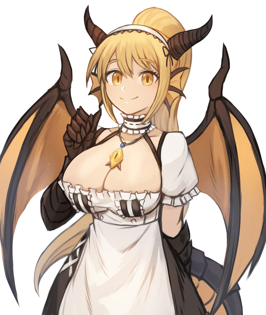 1girl absurdres bangs blonde_hair breasts collarbone commentary dragon_(monster_girl_encyclopedia) dragon_girl dragon_tail dragon_wings dress english_commentary eyebrows_visible_through_hair frills hair_between_eyes head_fins headdress highres horns jewelry large_breasts long_hair looking_at_viewer monster_girl_encyclopedia orange_eyes paws pendant ponytail puffy_short_sleeves puffy_sleeves scales short_sleeves simple_background smile solo sookmo tail white_background wings