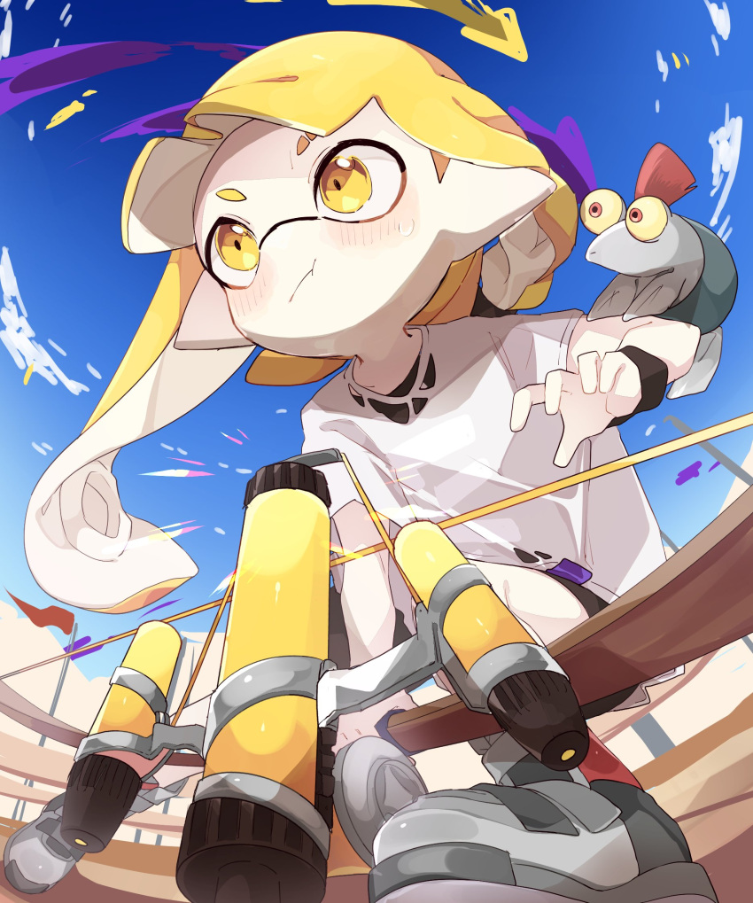 1girl 1other :t asymmetrical_hair bangs bike_shorts blonde_hair blue_sky blunt_bangs blush bow_(weapon) braid colored_sclera domino_mask eyebrow_cut fisheye flag foreshortening from_below highres holding holding_bow_(weapon) holding_weapon ika_esu inkling mask on_shoulder pale_skin pointy_ears pout red_eyes shirt sky smallfry_(splatoon) splatoon_(series) splatoon_3 t-shirt tentacle_hair torn_clothes torn_shirt weapon white_shirt yellow_eyes yellow_sclera