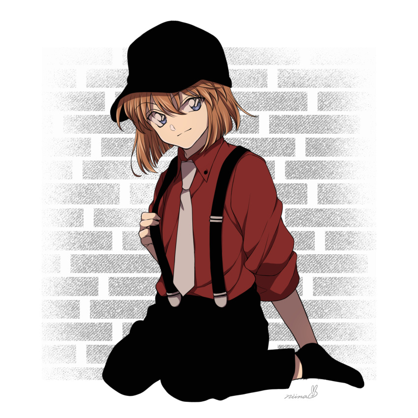 1girl alternate_costume bangs black_headwear black_legwear black_pants blue_eyes brick_wall brown_hair closed_mouth commentary eyebrows_visible_through_hair full_body grey_neckwear haibara_ai hair_between_eyes hat highres looking_at_viewer meitantei_conan necktie niina_1oo9 no_shoes pants red_shirt shirt shirt_tucked_in short_hair signature sitting sleeves_rolled_up smile socks solo suspenders suspenders_pull wariza white_background