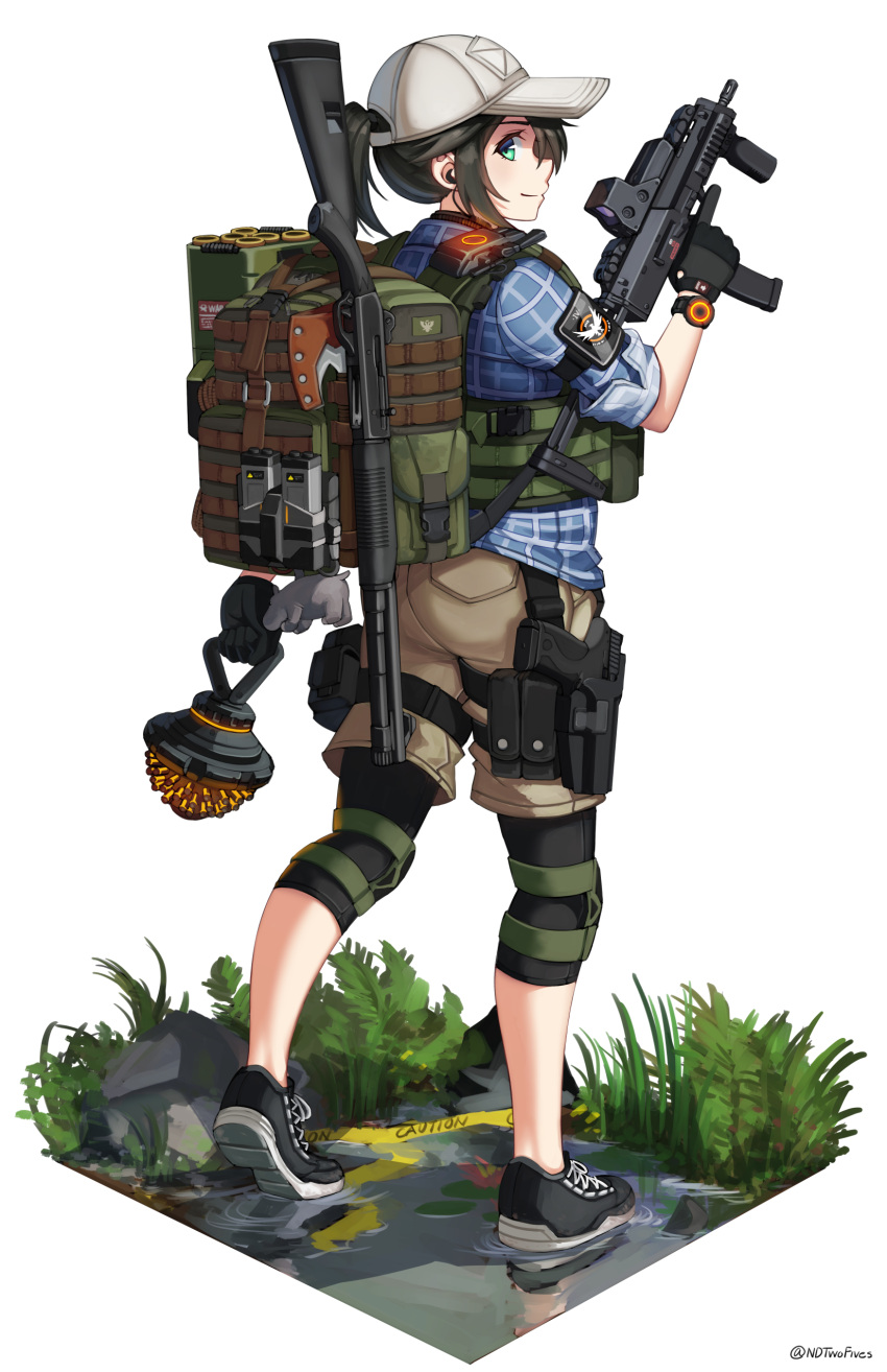1girl absurdres backpack bag baseball_cap black_footwear black_hair black_legwear blue_shirt brown_shorts caution_tape closed_mouth commentary_request earpiece green_eyes gun h&amp;k_mp7 hand_up hat highres holding holding_gun holding_weapon leggings looking_at_viewer looking_back ndtwofives original ponytail profile shallow_water shirt shoe_soles shoes short_shorts short_sleeves shorts shotgun smile solo submachine_gun water weapon weapon_request white_background white_headwear