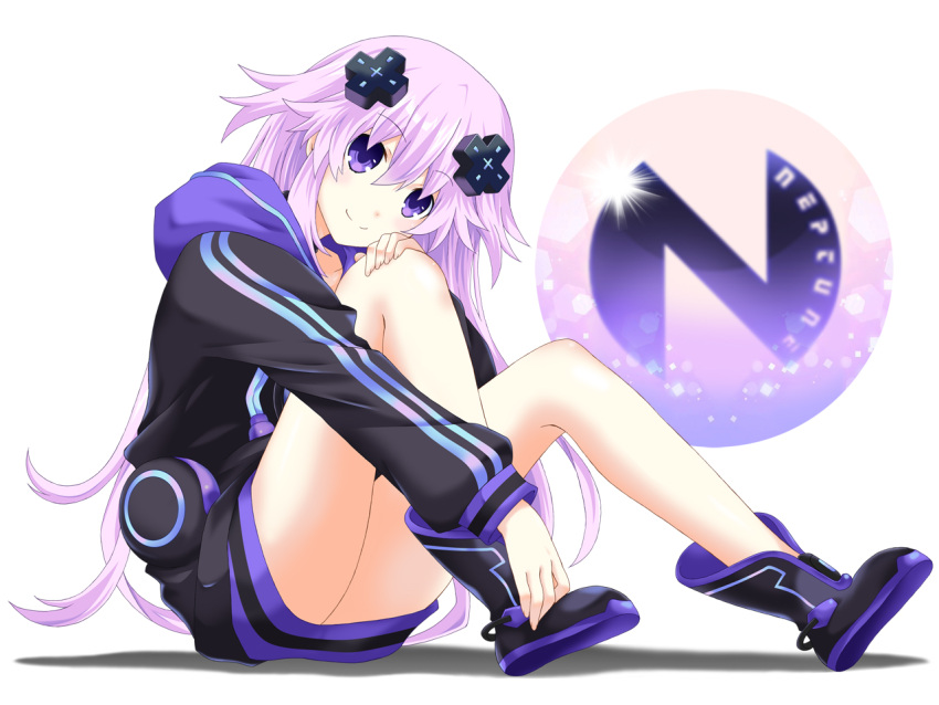 1girl adult_neptune ass bare_legs black_footwear black_jacket blush boots commentary_request d-pad d-pad_hair_ornament from_side full_body hair_between_eyes hair_ornament hand_on_own_knee head_on_knee hood hooded_jacket jacket kagura_ittou knees_up legs long_hair long_sleeves looking_at_viewer neptune_(series) no_pants purple_hair simple_background sitting smile solo spread_legs thighs upskirt very_long_hair violet_eyes white_background