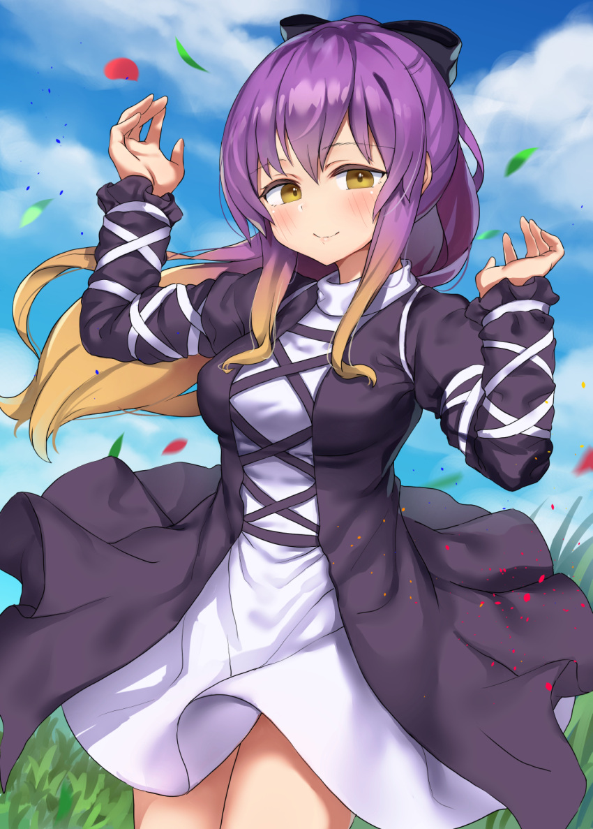 1girl bangs black_bow black_dress blush bow breasts closed_mouth clouds commentary_request cowboy_shot cross-laced_clothes day dress eyebrows_visible_through_hair gradient_hair hair_bow hands_up highres hijiri_byakuren isemori long_hair long_sleeves looking_at_viewer medium_breasts multicolored_hair outdoors purple_hair sky smile solo standing touhou white_dress yellow_eyes