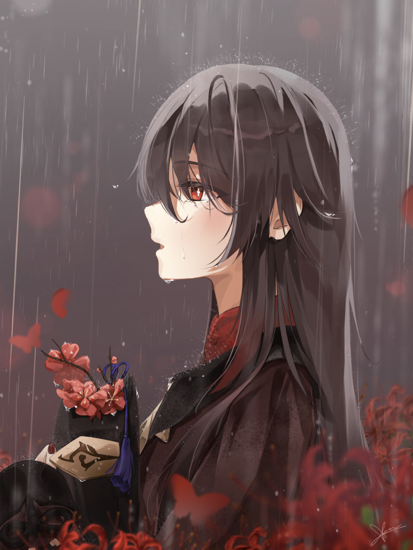 1girl black_headwear brown_hair crying crying_with_eyes_open flower from_side genshin_impact hair_down hat highres holding holding_clothes holding_hat hu_tao long_hair long_sleeves open_clothes rain red_eyes sad se2ra solo symbol-shaped_pupils tears wet