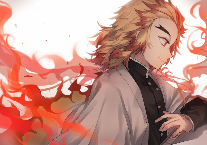 &gt;:) 1boy blonde_hair cape colored_tips fire flame forehead from_side gakuran high_collar highres kimetsu_no_yaiba long_hair male_focus multicolored_hair orange_eyes oyuyu redhead rengoku_kyoujurou school_uniform solo teeth thick_eyebrows tsurime unsheathed upper_body white_background white_cape