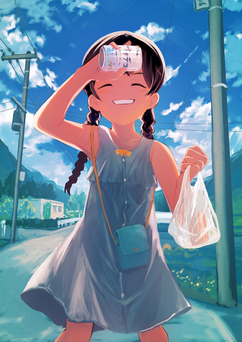 1girl absurdres arm_up bag braid can child closed_eyes clouds cowboy_shot dress fisheye grin handbag highres hill holding holding_bag holding_can house inami_hatoko long_hair nata_de_coco original outdoors plastic_bag power_lines road rural sky smile solo street sundress twin_braids utility_pole wiping_forehead