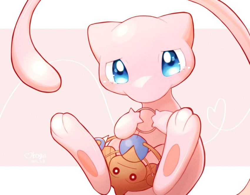 blue_eyes character_doll commentary_request gen_1_pokemon gen_2_pokemon hands_up heart highres hitmontop holding looking_at_viewer mew mythical_pokemon okoge_(simokaji) pokemon pokemon_(creature) shiny tearing_up toes