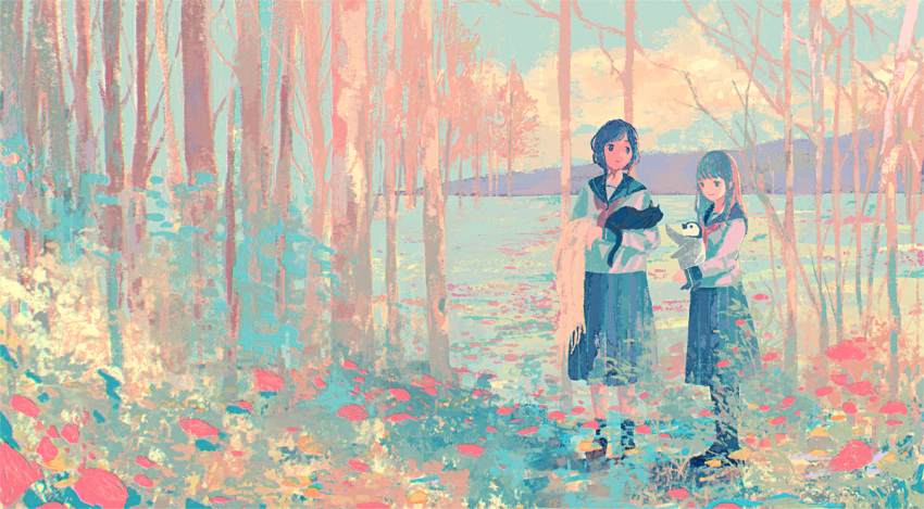 2girls animal bird black_cat black_hair brown_footwear brown_hair cat flower forest holding holding_animal multiple_girls nature original outdoors penguin scenery school_uniform serafuku short_hair skirt socks tabisumika