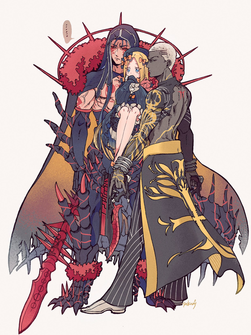 ... 1girl 2boys abigail_williams_(fate) angry back black_gloves black_pants blonde_hair blue_eyes blue_hair bodypaint bow buzz_cut cape carrying child claws closed_mouth cu_chulainn_(fate)_(all) cu_chulainn_alter_(fate/grand_order) dark_blue_hair dark_persona dark_skin dark_skinned_male detached_hood dual_wielding elbow_gloves emiya_alter facepaint fate/grand_order fate_(series) full_body fur-trimmed_cape fur_trim gae_bolg_(fate) gloves gun handgun hat highres holding holding_polearm holding_weapon hood hood_up long_hair multiple_boys pants polearm ponytail red_eyes shirtless short_hair simple_background skin_tight speech_bubble spikes tail takara_hajimaru veins very_long_hair very_short_hair weapon white_background white_hair