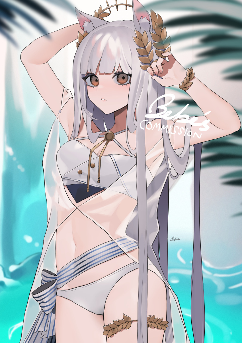 1girl absurdres animal_ears arknights arm_behind_head arm_up armpits bare_arms bare_shoulders bebe_pp bikini bracelet breasts collarbone commentary_request commission cowboy_shot criss-cross_halter day halterneck highres horse_ears jewelry laurel_crown long_hair looking_at_viewer navel official_alternate_costume outdoors platinum_(arknights) platinum_(shimmering_dew)_(arknights) see-through sideways_glance signature skeb_commission small_breasts solo standing stomach swimsuit thighlet thighs very_long_hair white_bikini white_hair yellow_eyes