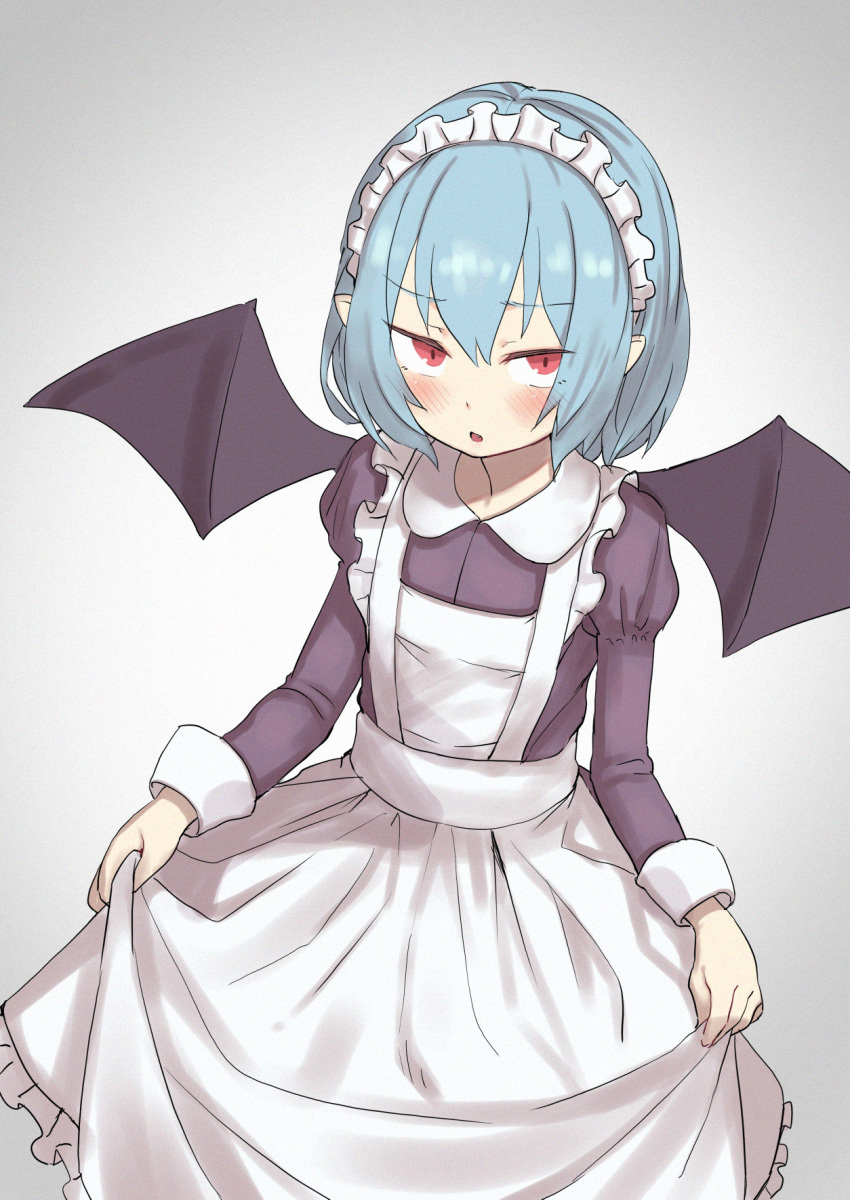 1girl :o alternate_costume apron bangs bat_wings black_dress blue_hair blush commentary_request dress enmaided eyebrows_visible_through_hair feet_out_of_frame flat_chest from_above gradient gradient_background grey_background highres holding holding_clothes holding_skirt isemori juliet_sleeves lifted_by_self long_hair long_sleeves maid maid_headdress puffy_sleeves red_eyes remilia_scarlet short_hair simple_background skirt skirt_lift slit_pupils solo standing touhou white_apron wings
