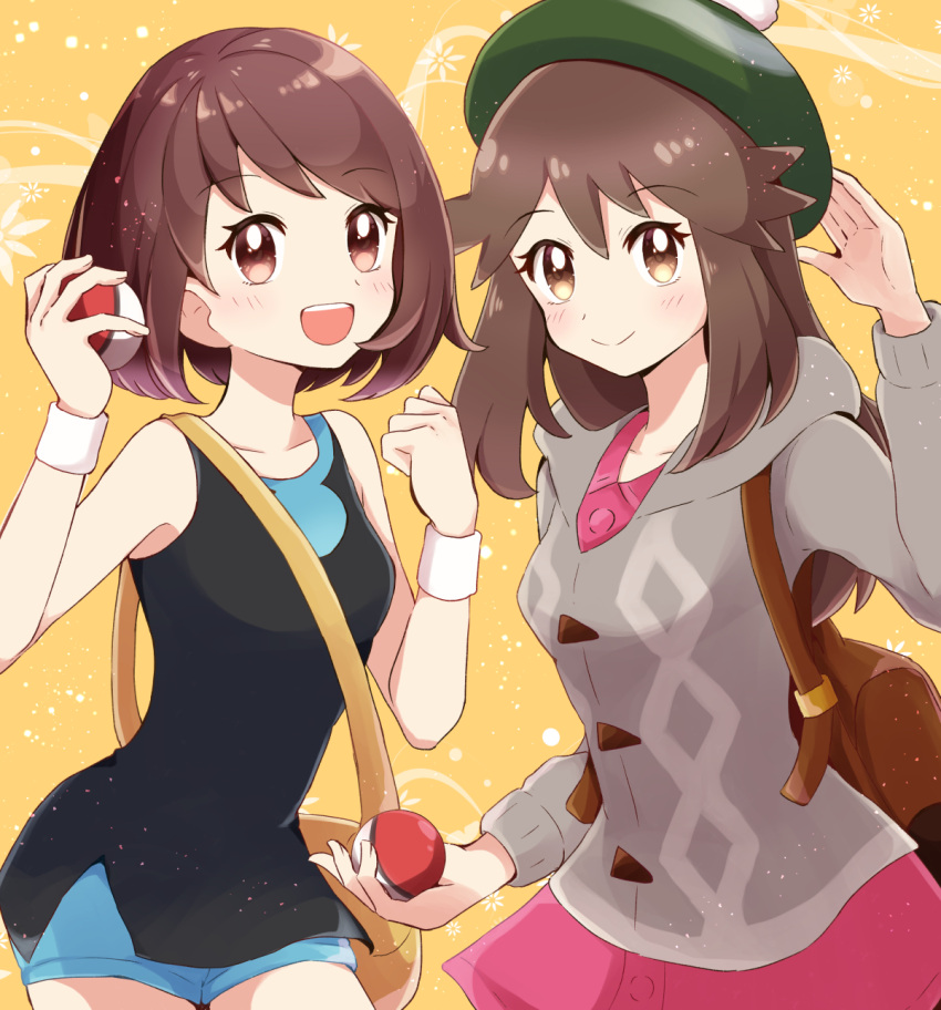 2girls :d backpack bag bangs black_dress blush brown_bag brown_eyes brown_hair buttons cardigan collared_dress commentary_request cosplay costume_switch dress eyebrows_visible_through_hair eyelashes gloria_(pokemon) green_(pokemon) green_headwear grey_cardigan hands_up haru_(haruxxe) hat highres holding holding_poke_ball hooded_cardigan long_hair multiple_girls open_mouth pink_dress poke_ball poke_ball_(basic) pokemon pokemon_(game) pokemon_lgpe pokemon_swsh short_dress sleeveless smile tam_o'_shanter teeth white_wristband