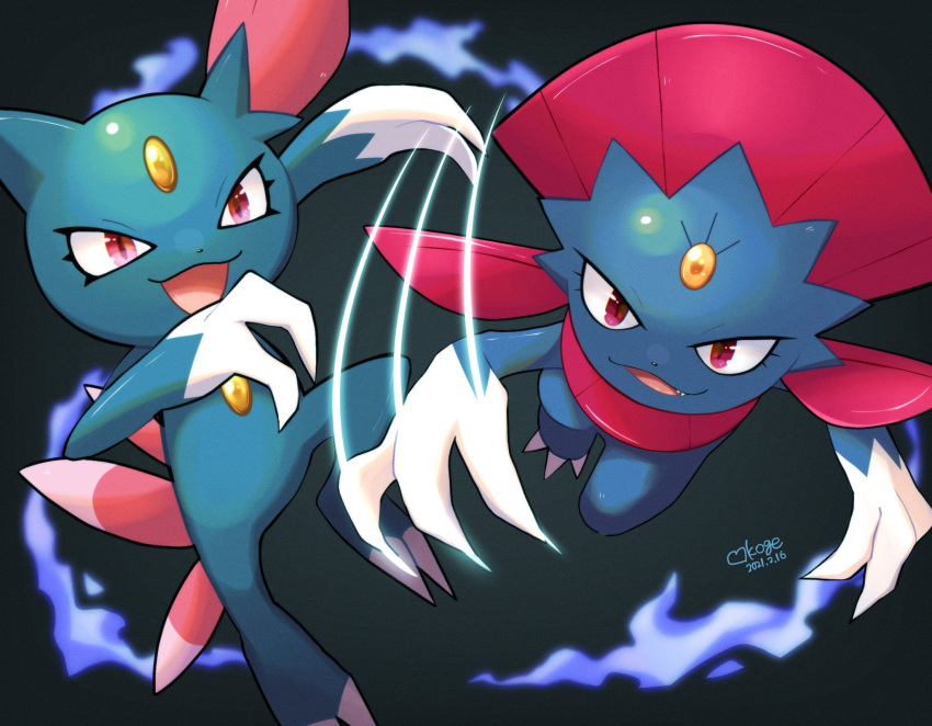 :d claws commentary_request dated eyelashes fangs gen_2_pokemon gen_4_pokemon highres looking_at_viewer motion_lines no_humans okoge_(simokaji) open_mouth pokemon pokemon_(creature) shiny signature smile sneasel tongue violet_eyes weavile