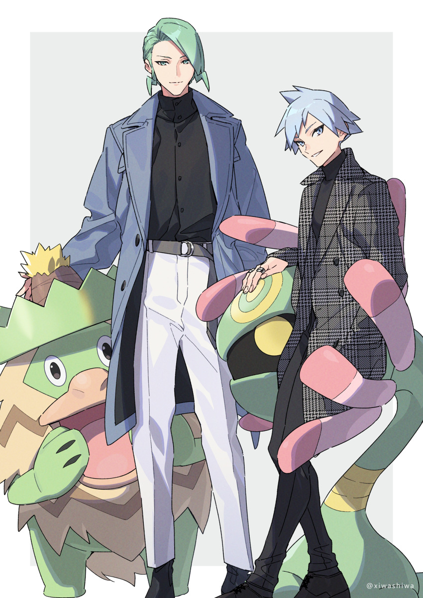 2boys alternate_costume artist_name belt black_footwear black_pants black_shirt buttons closed_mouth coat commentary_request cradily gen_3_pokemon green_hair grey_coat grey_hair highres long_sleeves ludicolo male_focus multiple_boys open_clothes open_coat pants parted_lips pokemon pokemon_(creature) pokemon_(game) pokemon_rse shirt shoes smile standing steven_stone wallace_(pokemon) watermark white_pants xia_(ryugo)