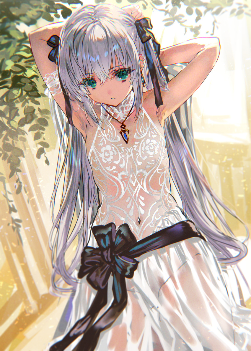 1girl arm_strap armpits arms_behind_head collared_dress commentary_request dress eyebrows_visible_through_hair green_eyes hair_between_eyes hair_ribbon highres jewelry kneeling lace lace_dress long_hair looking_at_viewer navel necklace original panties ran'ou_(tamago_no_kimi) ribbon see-through see-through_dress silver_hair solo underwear white_dress white_panties