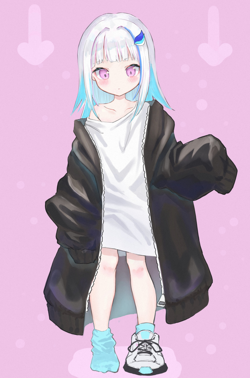 1girl absurdres alternate_height asymmetrical_footwear bangs bare_legs black_jacket blue_legwear blush closed_mouth colored_inner_hair eyebrows_visible_through_hair hair_ornament hairclip highres jacket light_purple_eyes lize_helesta long_hair long_sleeves multicolored_hair nijisanji off-shoulder_coat off-shoulder_shirt off_shoulder open_clothes open_jacket oversized_clothes ruwo_benzen shirt shoes silver_hair single_shoe sneakers socks solo streaked_hair virtual_youtuber white_footwear white_shirt