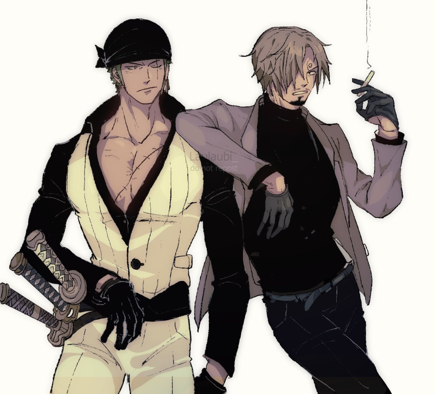 2boys alternate_costume bandana black_shirt cigarette facial_hair goatee highres holding holding_cigarette jacket jewelry katana large_pectorals laulaubi leaning_on_person male_cleavage male_focus multiple_boys muscular muscular_male one_piece open_clothes open_jacket open_shirt pants partially_unbuttoned roronoa_zoro sanji scar scar_across_eye scar_on_chest shirt short_hair sideburns single_earring smoke stitches sword weapon white_pants
