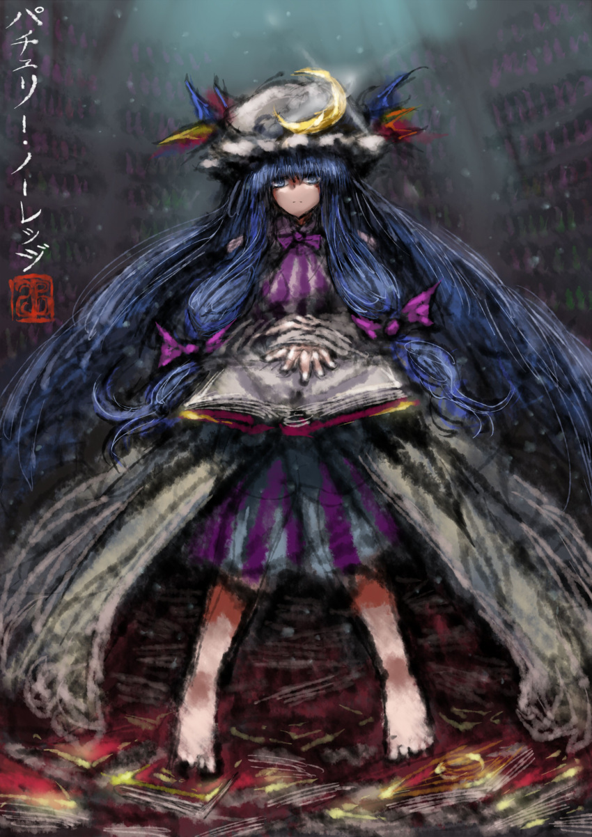 1girl 2b-ge bangs blue_eyes blue_hair blue_ribbon book crescent_hat_ornament dress full_body hat hat_ornament highres holding holding_book long_hair looking_at_viewer mob_cap patchouli_knowledge red_ribbon ribbon solo solo_focus standing striped striped_dress tied_hair touhou very_long_hair