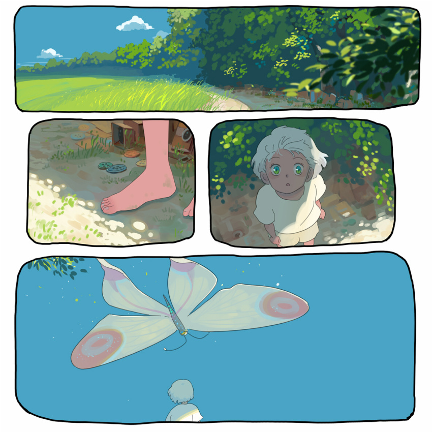 aqua_eyes bangqiao_yan barefoot blue_sky bug butterfly clouds cloudy_sky dirty dirty_feet grass insect leaf original outdoors parted_lips plant shadow shirt short_hair short_sleeves shorts sky tree white_butterfly white_hair white_shirt white_shorts