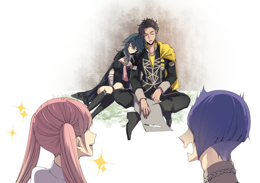 2boys 2girls bangs black_footwear black_jacket black_pants blue_hair boots braid breasts brown_hair byleth_(fire_emblem) byleth_eisner_(female) cape claude_von_riegan closed_eyes closed_mouth collar collarbone commentary_request crossed_legs ear_piercing earrings feathers fire_emblem fire_emblem:_three_houses from_behind fudou_(kakko_kari) full_body garreg_mach_monastery_uniform hair_between_eyes head_on_another's_shoulder hilda_valentine_goneril jacket jewelry laughing long_hair long_sleeves looking_at_another lorenz_hellman_gloucester multiple_boys multiple_girls open_mouth pants piercing pink_hair purple_hair short_hair side_braid simple_background sitting sleeping smile sparkle standing surprised twintails uniform wavy_hair white_background yellow_cape