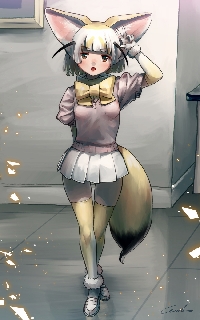 1girl absurdres animal_ears arm_behind_back bangs blonde_hair blunt_bangs bow bowtie brown_hair commentary elbow_gloves eyebrows_visible_through_hair fennec_(kemono_friends) fox_ears fox_girl fox_tail full_body gloves hand_up highres indoors kemono_friends looking_at_viewer multicolored_hair open_mouth pink_shirt pleated_skirt shirt short_hair short_sleeves signature skirt solo standing tail thigh-highs thigh_gap tile_floor tiles two-tone_hair w welt_(kinsei_koutenkyoku) white_gloves white_hair white_skirt yellow_bow yellow_legwear yellow_neckwear zettai_ryouiki