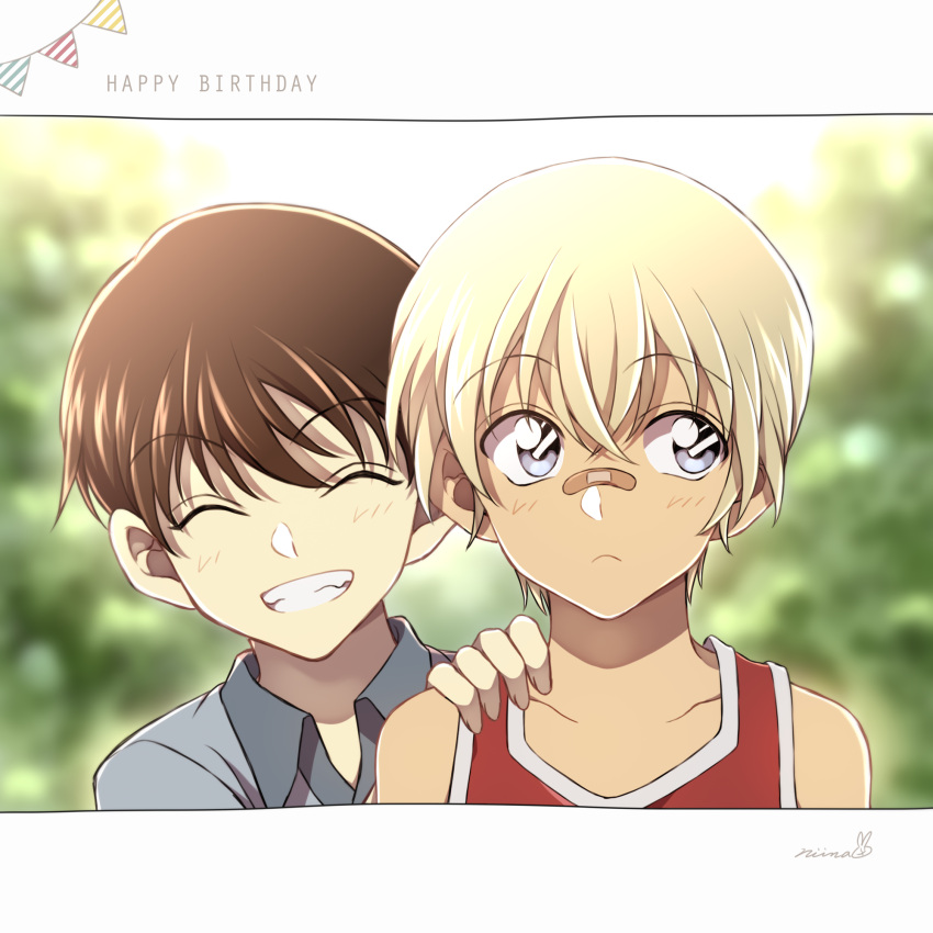 2boys ^_^ amuro_tooru bandaid bandaid_on_nose bangs blonde_hair blue_shirt blurry blurry_background brown_hair child closed_eyes closed_mouth commentary english_text eyebrows_visible_through_hair grin hair_between_eyes hand_on_another's_shoulder happy happy_birthday highres looking_to_the_side male_focus meitantei_conan multiple_boys niina_1oo9 pennant red_shirt scotch_(meitantei_conan) shirt short_hair sideways_glance signature sleeveless sleeveless_shirt smile string_of_flags teeth younger