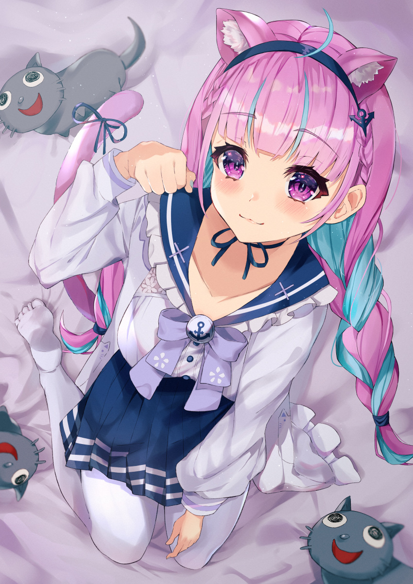 1girl :3 absurdres ahoge anchor_hair_ornament anchor_symbol animal_ear_fluff animal_ears bangs blue_choker blue_hair blue_neckwear blue_skirt blunt_bangs blush bow bowtie braid cat_ears cat_girl cat_tail choker closed_eyes closed_mouth collarbone french_braid frilled_shirt_collar frills from_above full_body hair_ornament hairband haru_yu highres hololive huge_filesize jacket long_hair long_sleeves looking_at_viewer minato_aqua multicolored_hair neko_(minato_aqua) no_shoes on_bed pantyhose paw_pose pleated_skirt purple_hair ribbon ribbon_choker sailor_collar school_uniform seiza serafuku shirt sidelocks sitting skirt smile solo streaked_hair tail tail_ornament tail_ribbon twin_braids two-tone_hair violet_eyes virtual_youtuber white_jacket white_legwear white_shirt