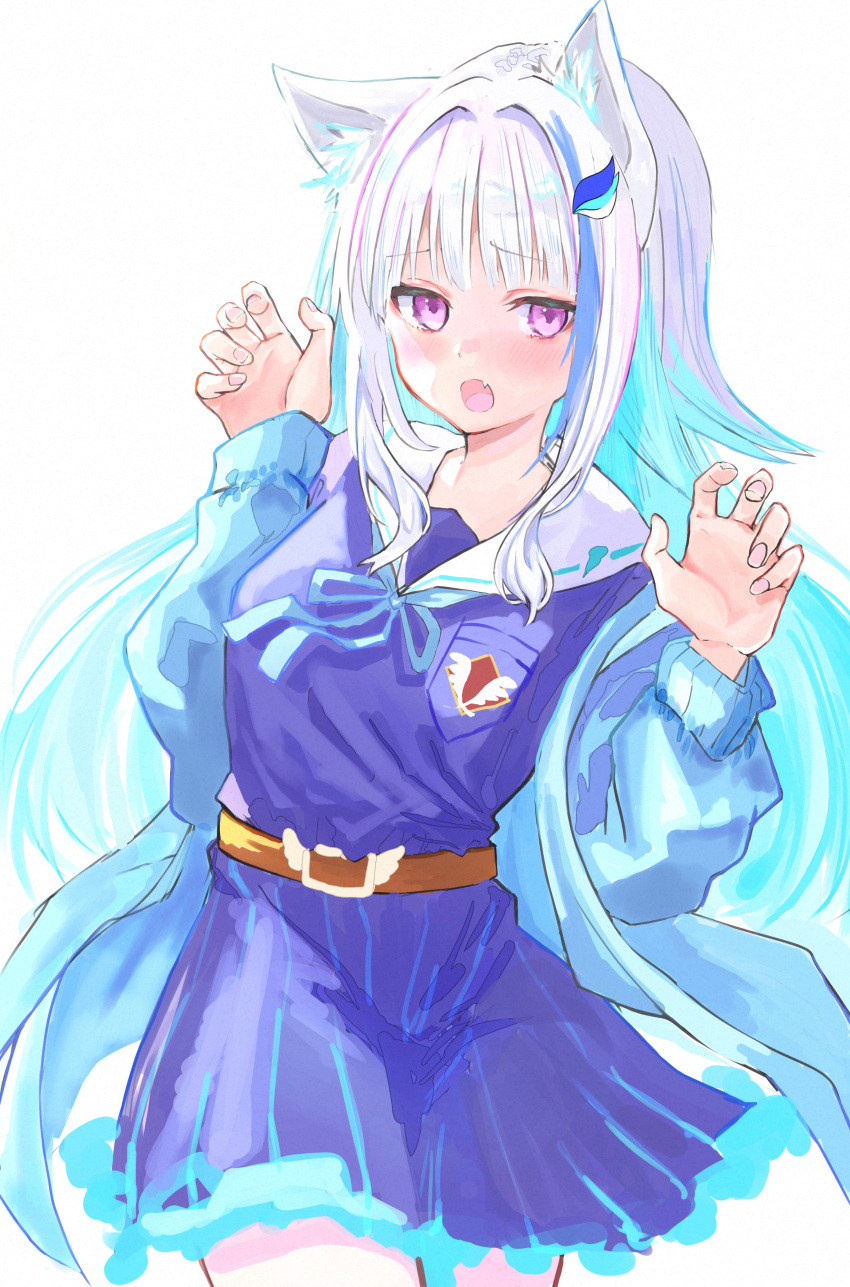 1girl absurdres animal_ears bangs blue_coat blue_dress blue_neckwear blue_ribbon blush cat_ears claw_pose coat colored_inner_hair dress eyebrows_visible_through_hair fang hands_up highres light_purple_eyes lize_helesta long_hair long_sleeves looking_at_viewer multicolored_hair neck_ribbon nijisanji off-shoulder_coat open_mouth pleated_dress ribbon ruwo_benzen sailor_collar sailor_dress sidelocks silver_hair solo streaked_hair very_long_hair virtual_youtuber white_sailor_collar