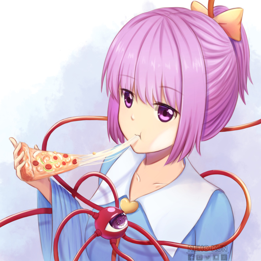 1girl alternate_hairstyle artist_name bangs blue_shirt bow cheese_trail collarbone eating food hair_bow highres holding holding_food holding_pizza komeiji_satori medium_hair neho-kun pizza ponytail purple_hair shirt simple_background solo third_eye touhou upper_body violet_eyes wide_sleeves