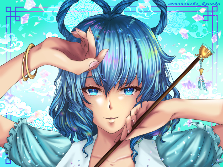 1girl aqua_dress artist_name bangle bangs blue_eyes blue_hair bracelet collarbone commentary_request dress eyebrows_visible_through_hair face fingernails hair_between_eyes hair_ornament hair_rings hair_stick hands_up highres holding holding_stick jewelry kaku_seiga looking_at_viewer medium_hair mononobe_kanako open_clothes open_vest parted_lips puffy_short_sleeves puffy_sleeves short_sleeves smile solo stick touhou vest white_vest