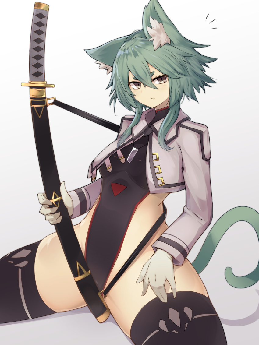 1girl animal_ear_fluff animal_ears breasts cat_ears cat_girl cat_tail closed_mouth commentary_request cropped_jacket expressionless gloves green_hair hair_between_eyes highres holding holding_sword holding_weapon katana long_sleeves original sheath sheathed short_eyebrows sidelocks sitting small_breasts solo sword tail thigh-highs weapon yonaga