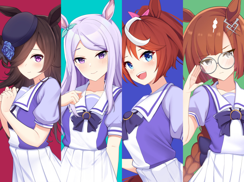 4girls absurdres animal_ears blush bow bowtie column_lineup eyebrows_visible_through_hair hair_over_one_eye highres horse_ears horse_girl ikuno_dictus looking_at_viewer mejiro_mcqueen miniskirt multiple_girls nassss pleated_skirt purple_shirt rice_shower school_uniform serafuku shirt skirt smile tokai_teio tracen_school_uniform umamusume upper_body white_skirt