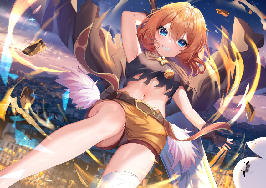 1girl absurdres arm_up armpits bare_arms bare_shoulders black_gloves black_shirt blonde_hair blue_eyes character_request cityscape crop_top fingerless_gloves gejigejier gloves grin highres holding huge_filesize looking_at_viewer midriff muimi navel outdoors princess_connect! princess_connect!_re:dive shirt short_hair short_shorts shorts single_thighhigh sleeveless sleeveless_shirt smile solo stomach thigh-highs thighs torn_clothes torn_shirt v-shaped_eyebrows white_legwear yellow_shorts