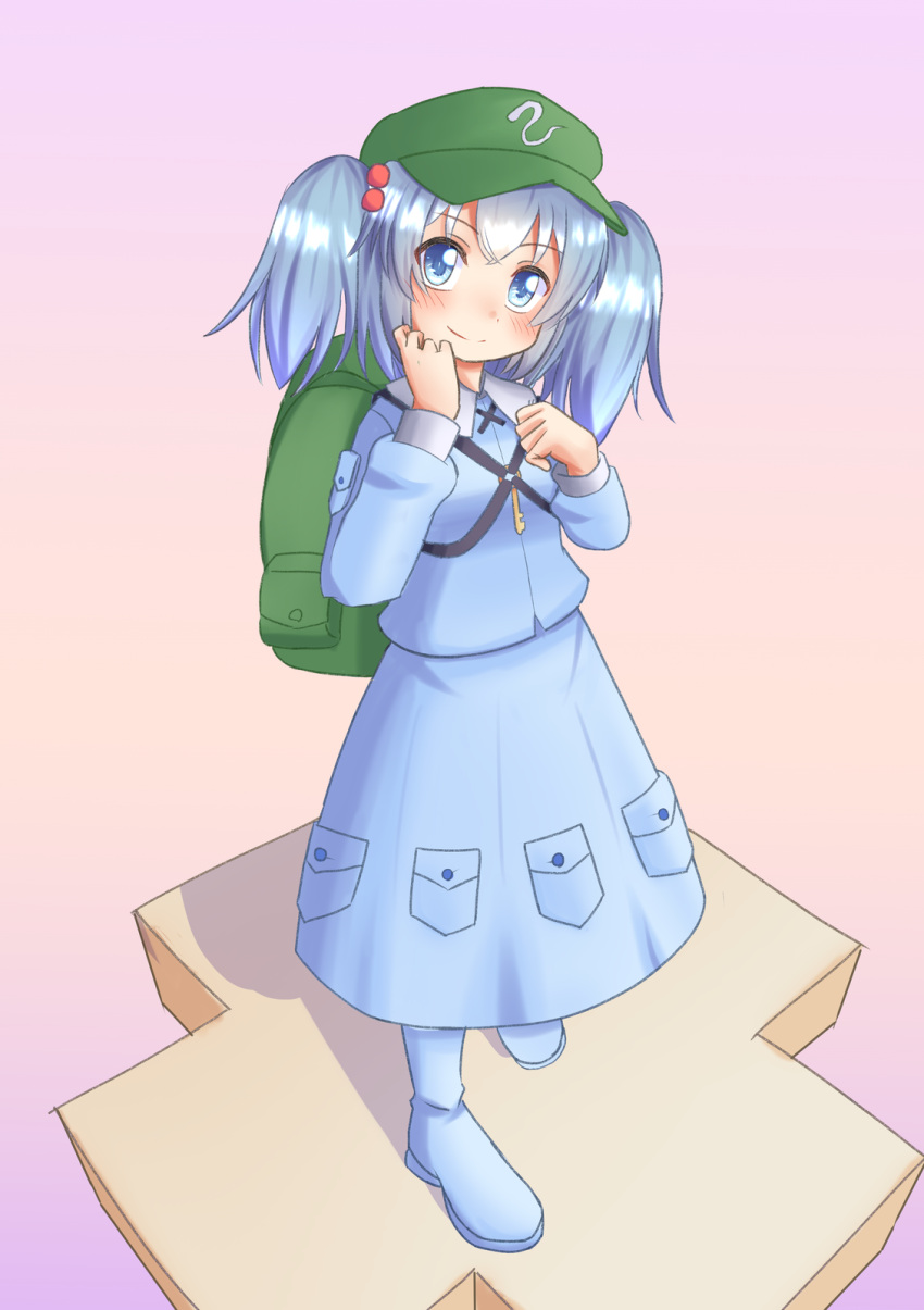 1girl backpack bag bangs blue_dress blue_eyes blue_footwear blue_hair blush boots breasts closed_mouth commentary_request dress eyebrows_visible_through_hair full_body green_bag green_headwear hair_bobbles hair_ornament hand_on_own_cheek hand_on_own_chest hand_on_own_face hat highres kawashiro_nitori key lettucesalad looking_at_viewer medium_hair pink_background simple_background small_breasts smile solo standing touhou two_side_up