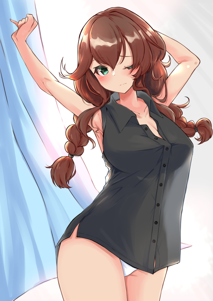 1girl absurdres bangs black_shirt braid breasts brown_hair commentary_request curtains dress_shirt green_eyes highres kantai_collection komb large_breasts noshiro_(kancolle) one_eye_closed panties shirt sleeveless sleeveless_shirt solo standing stretch swept_bangs twin_braids underwear white_panties
