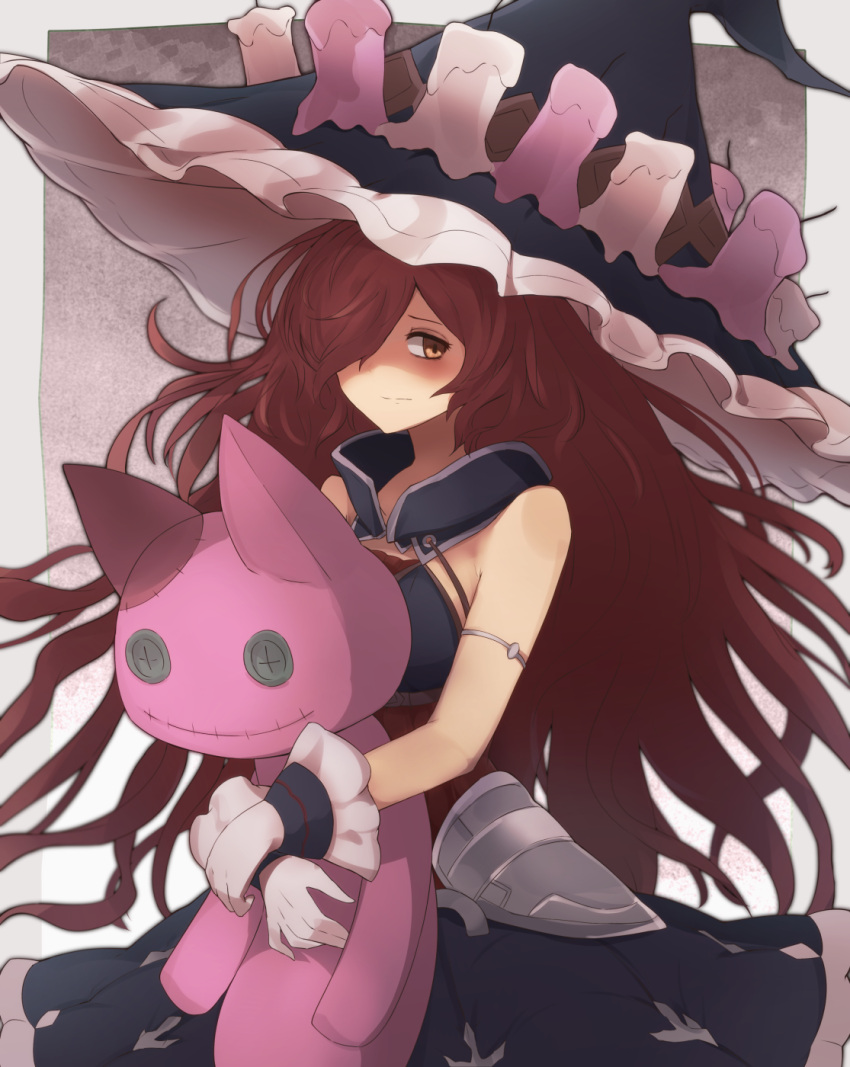 1girl anna_(granblue_fantasy) armband bare_shoulders big_hair black_gloves brown_eyes candle closed_mouth commentary_request dress frilled_hat frills gloves granblue_fantasy hair_over_one_eye hat highres holding holding_stuffed_toy long_hair messy_hair redhead solo stuffed_animal stuffed_cat stuffed_toy very_long_hair witch witch_hat yonaga
