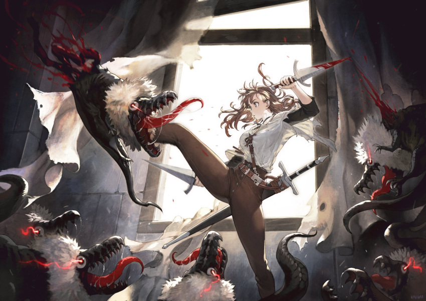 1girl artist_name black_shirt blood breasts brown_eyes brown_hair brown_pants commentary cowboy_shot curtains day dual_wielding entrails fighting highres holding holding_sword holding_weapon indoors jun_(seojh1029) kicking medium_breasts medium_hair monster organs original pants parted_lips reverse_grip scabbard sheath sheathed shirt shirt_tucked_in short_sword signature standing standing_on_one_leg stone_wall strap sunlight sword torn_clothes torn_shirt wall weapon white_shirt window