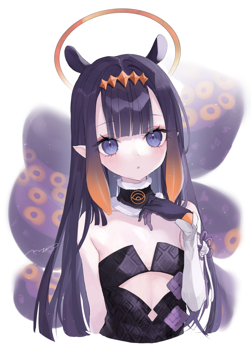 1girl :o absurdres arm_at_side bangs bare_shoulders black_gloves black_hair collarbone cropped_torso detached_sleeves eyebrows_visible_through_hair flat_chest fur_choker gloves grey_eyes halo highres hololive hololive_english ninomae_ina'nis open_mouth pointy_ears si10ra single_detached_sleeve solo tentacle_hair tentacles virtual_youtuber