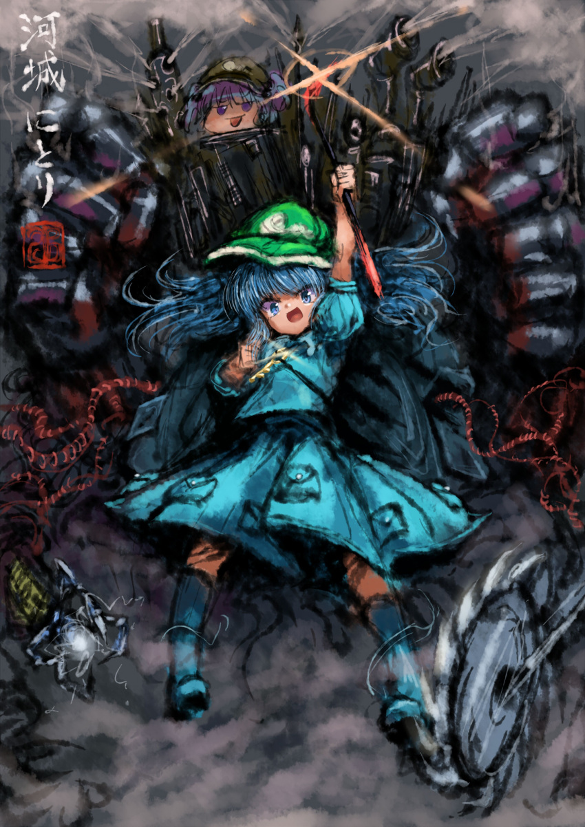 2b-ge 2girls backpack bag bangs blue_eyes blue_footwear blue_hair blue_shirt blue_skirt boots cable circular_saw crowbar electricity flat_cap frills full_body green_headwear hat highres kawashiro_nitori key knee_boots mechanical_arms mechanical_parts medium_hair multiple_girls open_mouth pipe pocket pose puffy_short_sleeves puffy_sleeves shirt short_sleeves short_twintails skirt smile this_isn't_even_my_final_form tongue tongue_out touhou twintails two_side_up weapon yukkuri_shiteitte_ne