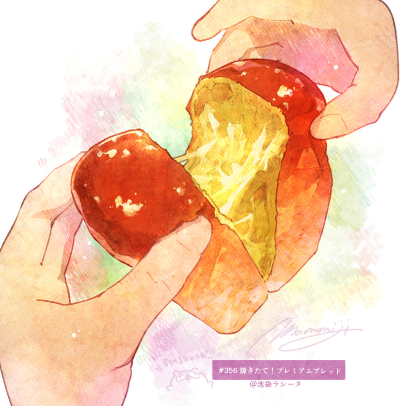 bread bread_bun food food_focus hands highres holding holding_food momiji_mao original pastry realistic simple_background tearing_up translation_request