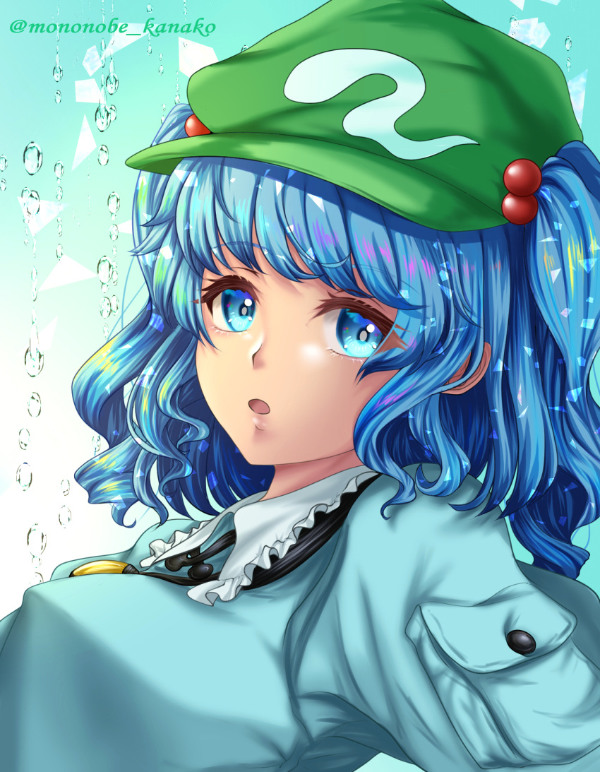 1girl :o aqua_shirt artist_name bangs blue_eyes blue_hair breasts bright_pupils commentary_request droplets eyebrows_visible_through_hair frills gradient gradient_background green_headwear hair_bobbles hair_ornament hat highres kawashiro_nitori key looking_at_viewer medium_breasts medium_hair mononobe_kanako open_mouth pocket shirt simple_background solo touhou two_side_up water white_background white_pupils