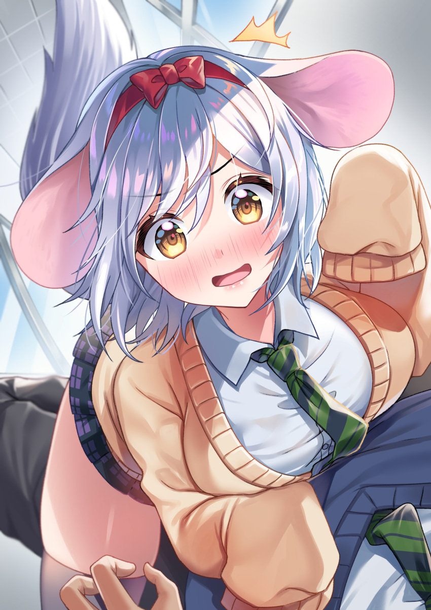 1boy 1girl absurdres animal_ears bangs blush breasts chinchilla_ears chinchilla_tail collared_shirt eyebrows_visible_through_hair girl_on_top hairband hanasaki_mahiru highres indoors large_breasts lips long_sleeves looking_at_viewer miniskirt necktie open_mouth original pleated_skirt red_hairband school_uniform shirt silver_hair skirt sleeves_past_fingers sleeves_past_wrists solo_focus sweater thigh-highs uniform white_shirt yellow_eyes yellow_sweater