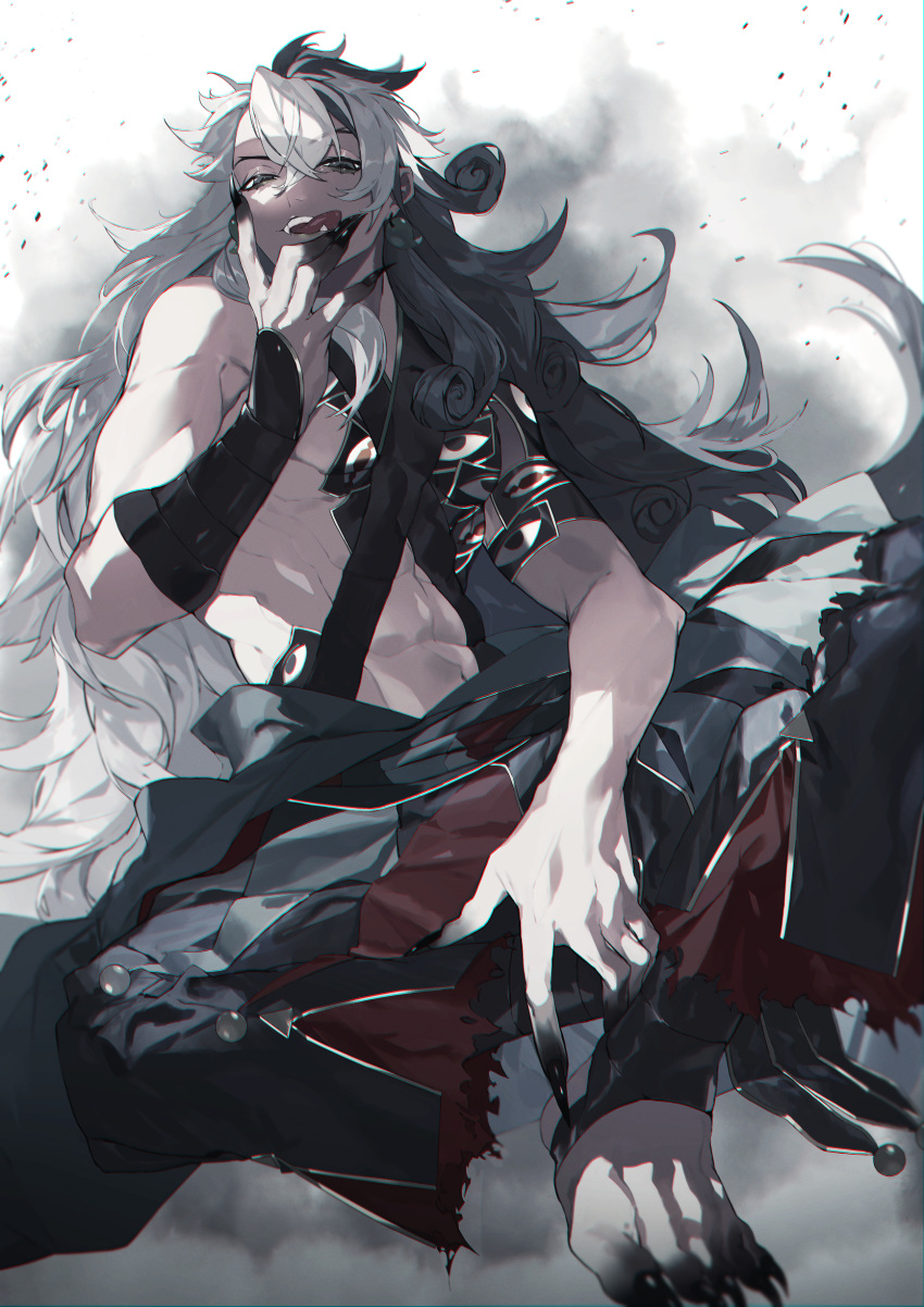 1boy abs absurdres alternate_hairstyle ashiya_douman_(fate) asymmetrical_hair bell black_eyes black_hair black_nails curly_hair dust_cloud dust_particles earrings fangs fate/grand_order fate_(series) fingernails full_body hair_between_eyes hair_intakes hakama_pants hand_on_own_face highres jewelry jingle_bell licking_lips long_hair looking_at_viewer magatama magatama_earrings male_focus midriff multicolored_hair official_alternate_costume pectorals sharp_fingernails simple_background single_bare_shoulder sitting solo sou_230 toned toned_male tongue tongue_out two-tone_hair very_long_fingernails very_long_hair white_background white_hair