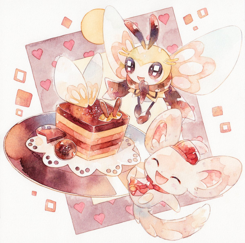 blush closed_eyes commentary_request dessert diamond_(shape) food gen_5_pokemon gen_7_pokemon hands_together hatted_pokemon heart minccino no_humans open_mouth pokemon pokemon_(creature) red_headwear ribombee rrrpct smile tongue |d