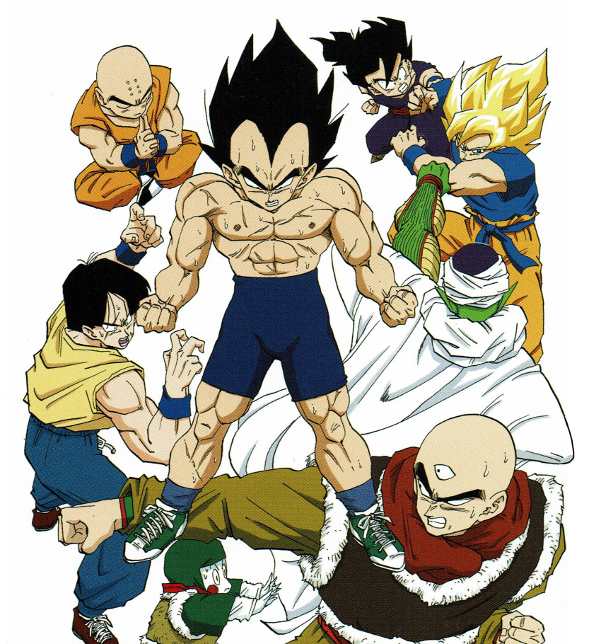 6+boys abs absurdres aqua_hair bald bike_shorts black_eyes black_hair blonde_hair blue_legwear blue_shirt cape chaozu clenched_hands clenched_teeth closed_eyes closed_mouth dougi dragon_ball dragon_ball_z fighting_stance fingernails green_footwear highres indian_style interlocked_fingers kuririn long_sleeves male_focus meditation mudra multiple_boys muscular official_art orange_pants outstretched_arm own_hands_together pants pectorals piccolo pointy_ears red_footwear red_neckwear scar scar_across_eye scar_on_arm scar_on_cheek scar_on_chest scar_on_face scar_on_leg shirt shirtless shoes short_sleeves simple_background sitting sleeveless sleeveless_shirt sneakers socks son_gohan son_goku spiky_hair super_saiyan super_saiyan_1 sweat sweatpants teeth tenshinhan third_eye toriyama_akira training turban v-shaped_eyebrows vegeta white_background white_cape wristband yamcha yellow_shirt